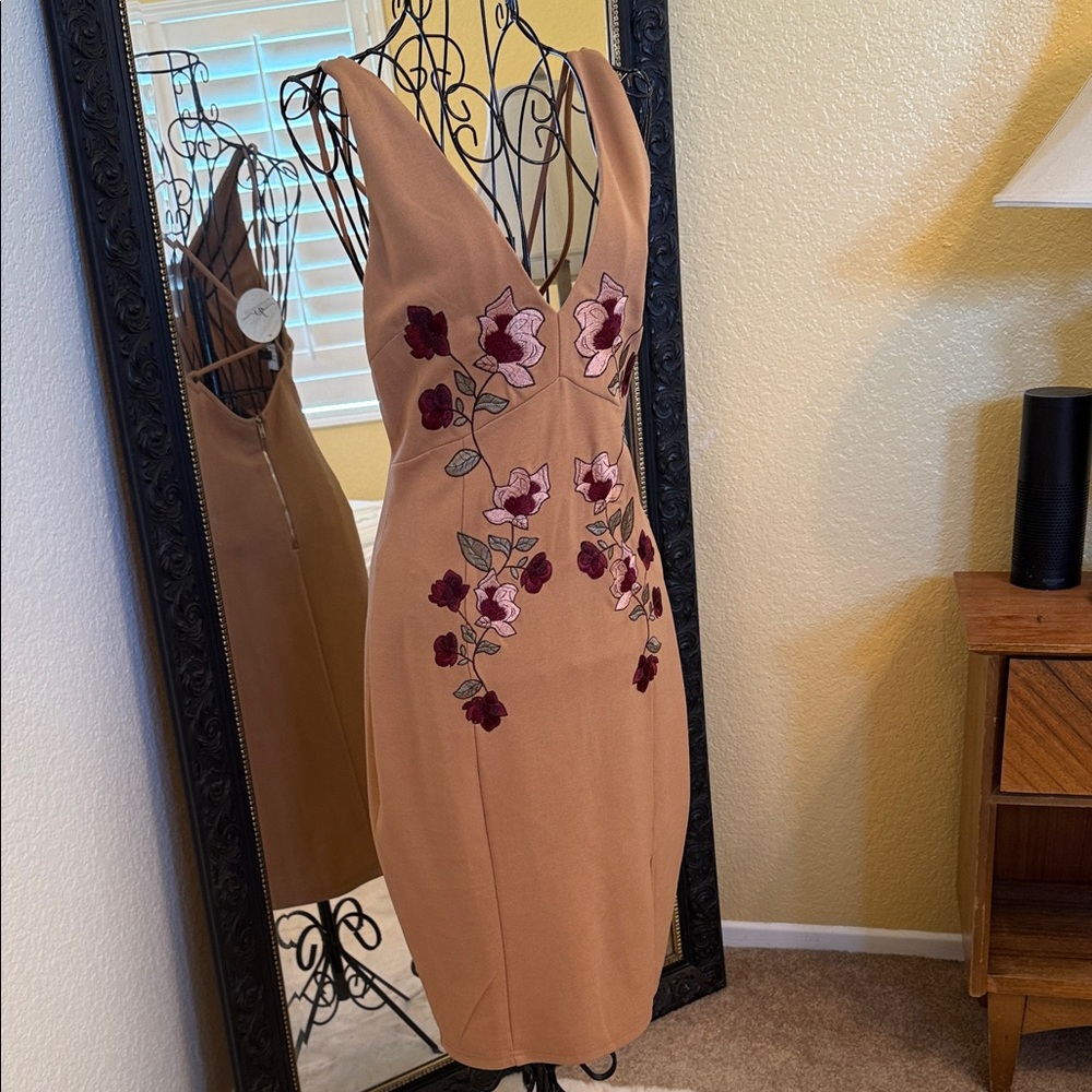 Privy Tan Backless Dress with Floral Embroidery